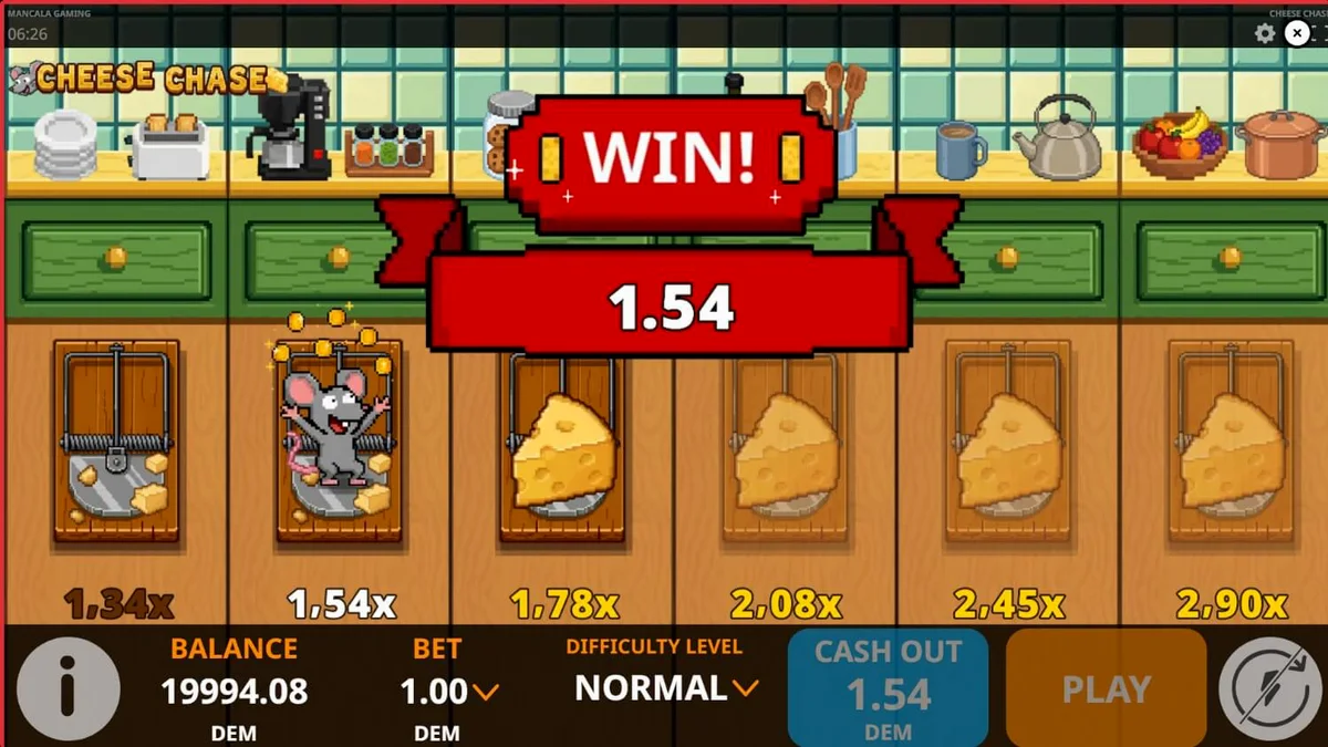 Tampilan visual retro 8-bit dari game Cheese Chase dengan karakter tikus lucu di dapur.