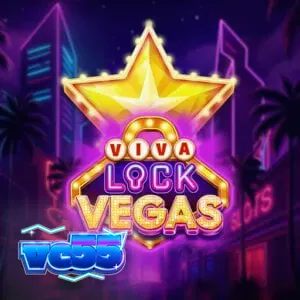 Tampilan layar permainan slot Viva Lock Vegas dengan simbol buah neon dan latar belakang kasino Vegas yang berkilauan.